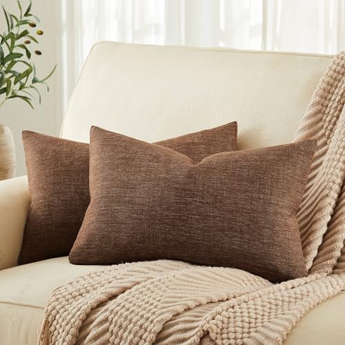 ZeeMart Rustic Linen Lumbar Pillow Covers Set of 2, Brown 12x20in - Textured Pillow Case, Rustic Cotton Linen Fabric, Modern Farmhouse Cushion Covers for Sofa Bed Living Room Home Decor