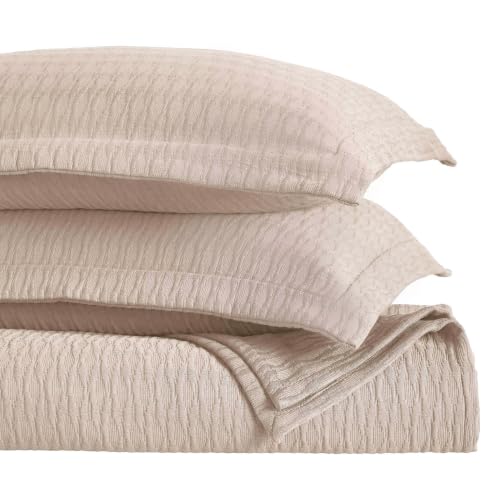 Superior 3 Piece Cotton Bedspread Set, Home Bed Decor, Decorative Bed Spread, 2 Pillow Shams, Medium Weight Blanket, Matelasse Coverlet Bedding, Calvert Collection, California King, Beige
