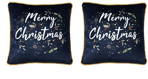 "Sleepdown Merry Christmas Slogan Filled Velvet Cushion Soft Decorative Square Piped Edge Holly Cushion For Home Decor Sofa Bedroom 18"" x 18"" - Navy - 45cm x 45cm, 5056557514755 (Pack of 2)"