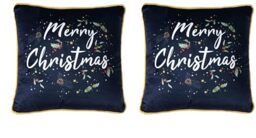"Sleepdown Merry Christmas Slogan Filled Velvet Cushion Soft Decorative Square Piped Edge Holly Cushion For Home Decor Sofa Bedroom 18"" x 18"" - Navy - 45cm x 45cm, 5056557514755 (Pack of 2)"