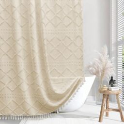 Siiluminisoy Boho Style Shower Curtain Tufted Chevron Textured Striped Modern Farmhouse Minimalist Fabric Shower Curtain for Bathroom 72 x 72 Inch Cream