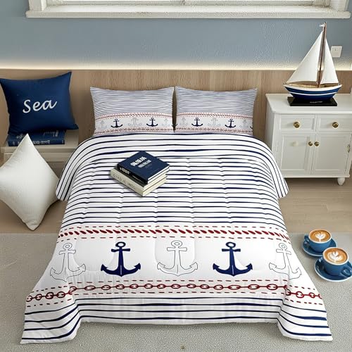 Boys Geometric Striped Comforter Set Navy Blue Anchor Bedding Set Full Size Nautical Themed Quilted Duvet 3pcs for Kids Teens Men Adults Room Decor Sea Adventure Duvet Insert White,2 Pillowcases