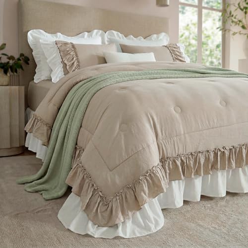Bedding_Dreamer Taupe and White Two-Tone Ruffle Comforter Set King, 3 Pieces Shabby Chic Farmhouse Bedding, Soft Microfiber Comforter with Matching Shams, All Season