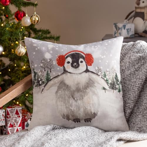 Evans Lichfield Snowy Penguin With Ear Muffs Watercolour Feather Rich Filled Cushion