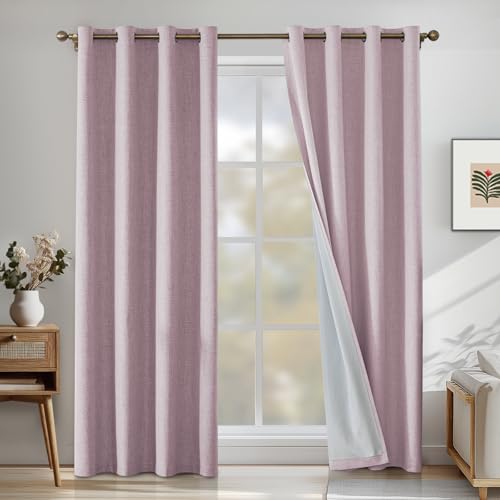 CYCMACO Linen 100% Blackout Curtains for Bedroom, Black Out Curtains 84 Inch Long, Room Darkening Curtains for Living Room, Long Curtain Grommets Drapes, Thermal Curtains(2 Panels, Pink)