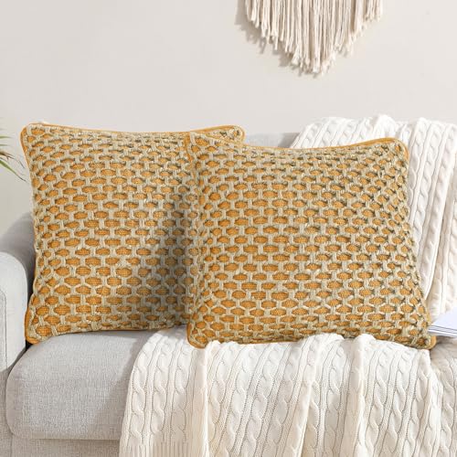 Boho Living Jada Woven Design Cushion Living Room Decor (2) Pillow Cases 20x20 Inch Mustard Yellow Set of 2