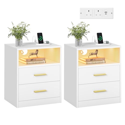 VASAGLE CUSTOS Collection - Set of 2 Bedside Tables with Charging Station, LED Lights, Modern Side End Tables with Drawers, Open Shelf, 2 AC Outlets USB Ports, Cloud White LET829WB02