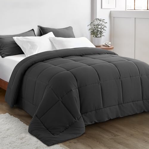 KELTARO Oversize King Plus Comforter 120''x128'' - Extra Large Cooling All Seasons Down Alternative Lightweight Quilted Duvet Insert with Corner Tabs -Winter Warm - Dark Grey
