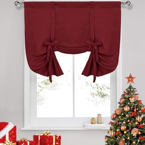 DWCN Blackout Curtains-Tie Up Shade for Window Thermal Insulated Room Darkening Rod Pocket Curtains for Kitchen Thanksgiving Day & Christmas, Burgundy, W42 X L45 Inches, 1 Panel