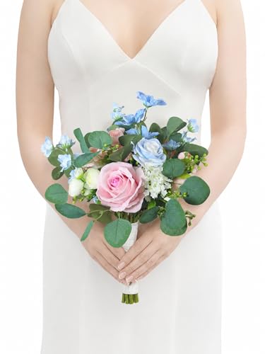 Rinlong 1Pc Pink Blue Wedding Bouquets for Bride Bridesmaids Artificial Pastel Flowers Bridesmaids Bridal Bouquet for Wedding Prom Homecoming