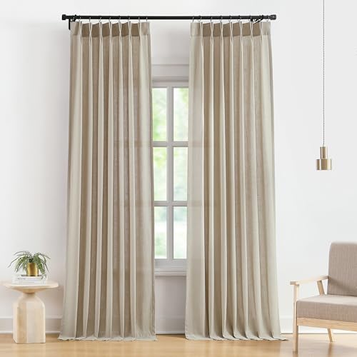"Vision Home Sand Pinch Pleated Semi Sheer Curtains Textured Linen Blended Light Filtering Window Curtains 102 inch for Living Room Bedroom Pinch Pleat Drapes with Hooks 2 Panels 40""Wx102""L,Camel Beige"