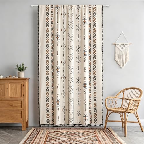 "Coral Fish Boho Geometric Window Curtains for Living Room and Bedroom - Rod Pocket Tassel Bordered Cotton Drapes for Kids (59"" Wide x 84"" Long, 1 Panel)"