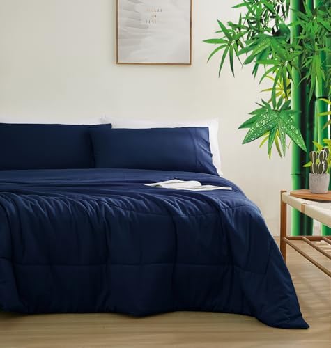 "Zaizaihome Queen comforter/blanket sets - navy blue,natural bamboo viscose fabric soft and smooth .3 pieces,1 cooling breathable skinfriendly comforter(90""x90"") and 2 Bamboo viscose pillowcases"
