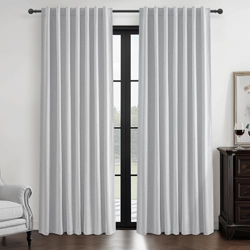 "Light Grey Blackout Curtains 84 Inch Length 2 Panels Set for Bedroom, Modern Faux Linen Room Darkening Pleated Gray Burg with Rod Pocket Back Tab Insulated Curtain for Office Sunroom (50""Wx84""Lx2)"