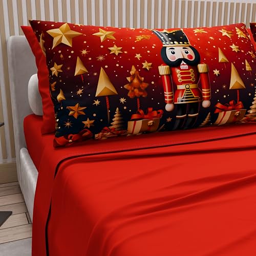 PETTI Italian Artisans - Cotton Sheets with Christmas Digital Print Pillowcases, Christmas Queen Size Sheets, Christmas Bed Set, Xmas 1 Red, 100% Made in Italy