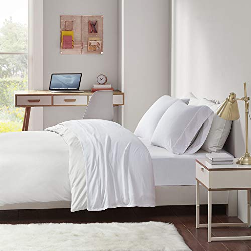 Intelligent Design Cotton Blend Jersey Knit King Bed Sheets, Coastal Cotton Bed Sheet, White Bed Sheet Set 4-Piece Include Flat Sheet, Fitted Sheet & 2 Pillowcases