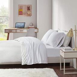 Intelligent Design Cotton Blend Jersey Knit King Bed Sheets, Coastal Cotton Bed Sheet, White Bed Sheet Set 4-Piece Include Flat Sheet, Fitted Sheet & 2 Pillowcases