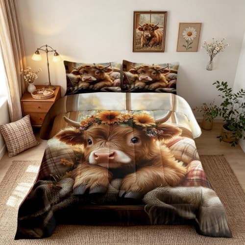 3D Highland Cow Comforter Set Queen Size Rustic Farmhouse Cattle Bedding Set Bedroom Decor Cute Livestock Animal Quilt Set for Kids Boys Girls Western Country Style Duvet Insert 3Pcs