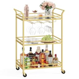 VASAGLE 3-Tier Drinks Trolley, Gold Bar Serving Trolley on Wheels, with Mirrored Glass Shelves, for Small Spaces, Kitchen, Dining Room, Living Room, Home Bar, 38 x 60 x 92 cm, Gold LRC100A01