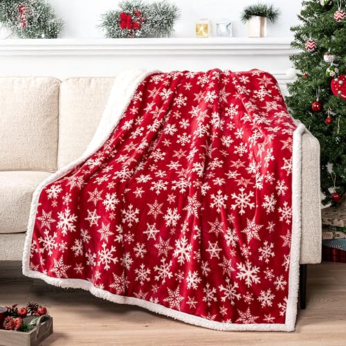 PAVILIA Premium Christmas Sherpa Throw Blanket - Red Snowflake Decoration, Fleece, Plush, Warm, Cozy Reversible Microfiber Holiday Blanket 50 x 60