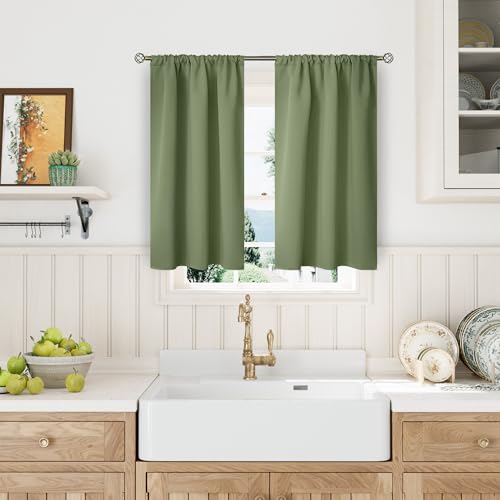 BGment Short Blackout Curtains for Bedroom 45 Inches Long - Thermal Insulated Room Darkening Curtain for Kitchen, Olive Green, 34 x 45 Inch, 2 Panels