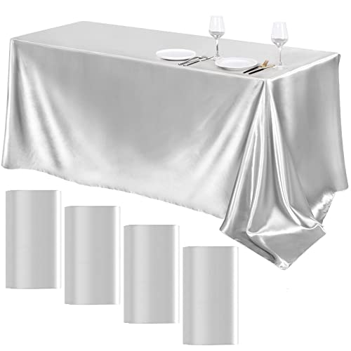 TURSTIN 4 Packs Silver Satin Tablecloth 102 x 58 Inch Overlay Satin Table Cover Rectangle Bright Silk Tablecloth Smooth Fabric Table Decoration for Wedding Banquet Party Events