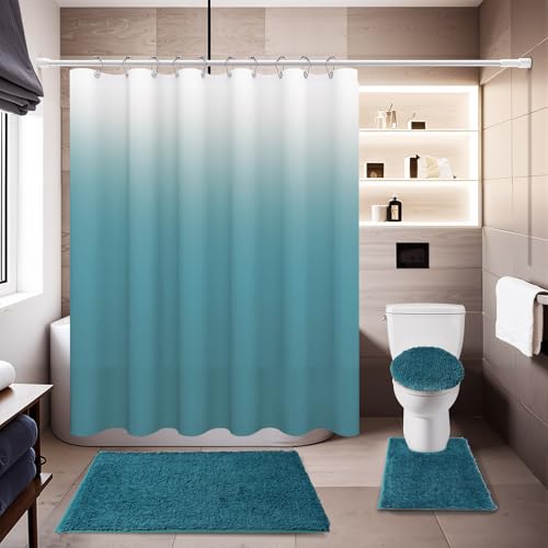 Baahrnom 4 Pcs Bondi Blue Shower Curtain Sets with Rugs Solid Bathroom Sets with Shower Curtain and Rugs and Adjustable Toilet Lid Cover for Luxury Bathroom Decor