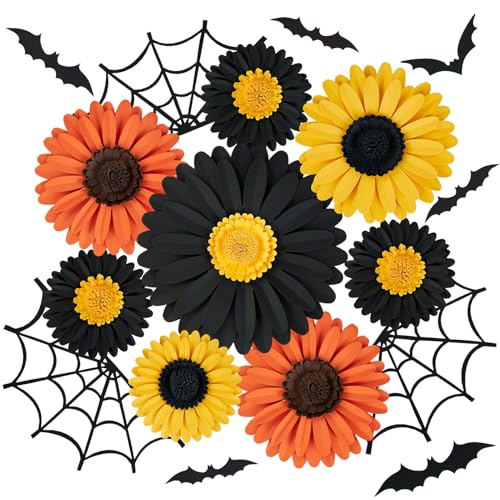 PAPER JAZZ Halloween Paper Flowers Decorations for Wall 3D Daisy Artificial Flowers Decorations with Bats and Spider Webs Large Paper Flowers for Halloween Party,Masquerade.
