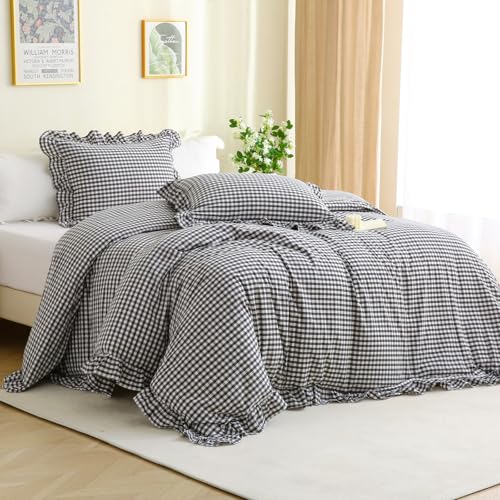 Silnuo Black/White Gingham Plaid Ruffle 3-Piece Duvet Cover Set Twin Size - 100% Washed Cotton Shabby Checkered Bedding Set Farmhouse Comforter Cover Set(Twin,Black/White)
