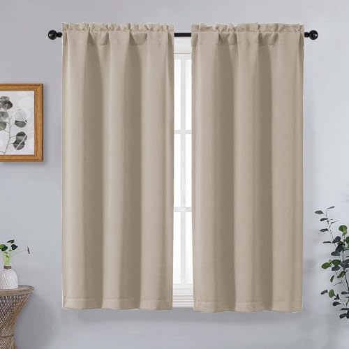 OVZME Short Blackout Curtains for Bedroom 45 Inches Long 2 Panels Set, Solid Thermal Insulated Blackout Curtains, Energy Saving Soft Fabric Window Drapes, Dual Rod Pocket, 2x40Wx45L, Biscotti Beige