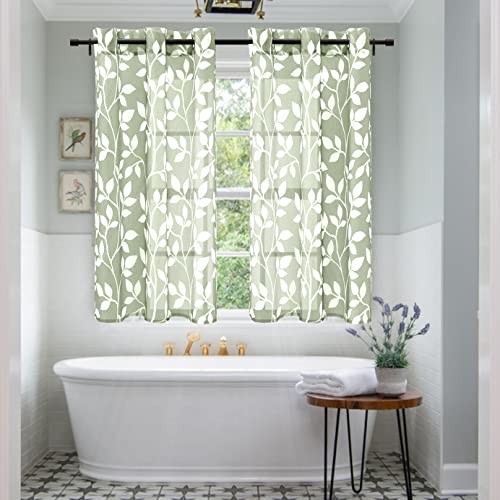 XTMYI Sage Green Bathroom Curtains Window, Boho Leaf Floral Pattern Design Decor Sage Green Tapestry,Small Short Sheer Kitchen Curtains Set of 2 Pack,48 Inch Length