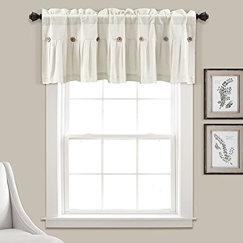 "Lush Decor Linen Button Farmhouse Valance, 84"" W x 18"" L, Offwhite - Kitchen Curtains Valances, Rustic Color Block Design With Husk Button"