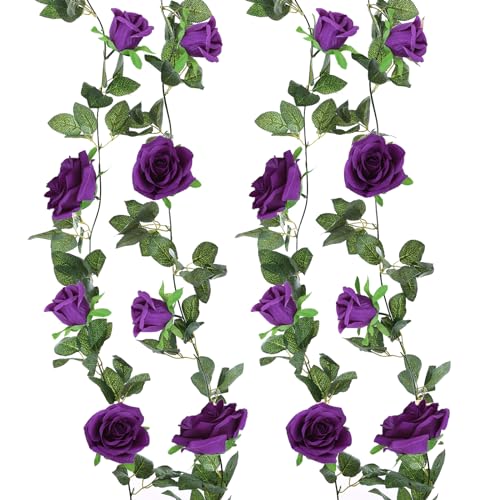 Felice Arts 2 Pack Dark Purple Artificial Floral Garland Each 6.5FT Fake Rose Vine Hanging Rose Garland for Wedding Flowers Table Centerpiece Arrangement Room Baby Shower Teepee Mirror Decor