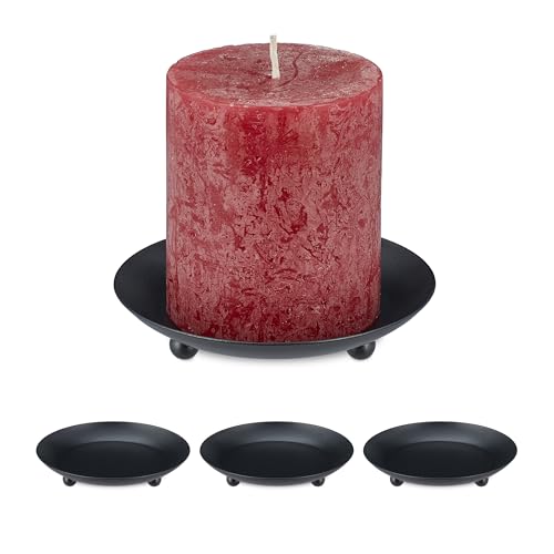 Relaxdays Set of 4 Holders for Pillar Candles, Ø 10 cm, Table Decoration, Metal, Round Plates with Raised Rim, Black
