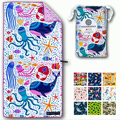"ECCOSOPHY Microfiber Kids Beach Towels & Pouch 60""x30"" Bath Towels for Toddlers - Girls & Boys - Quick Dry Pool Towels - Sand Free Beach Blanket for Travel - Camping - Vacation - Toallas Playas (Sea)"