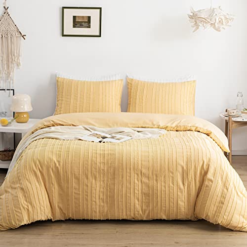 WARMDERN Yellow Boho Duvet Cover Twin, Striped Textured Tufted Bedding Set - Boho Bedding, Ultra Soft, Zipper Closure, 8 Corner Ties, All-Season, Breathable, Lightweight, 2pcs, Durable, Luxury, Bedroom