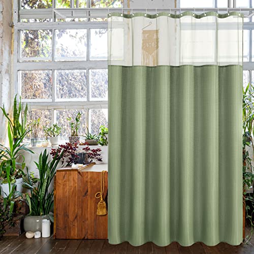 Gibelle Extra Long Shower Curtain 72 x 84, Waffle Weave Fabric Shower Curtain with Mesh Top Window and Hooks Set, Hotel Style Bathroom Design, Sage Green