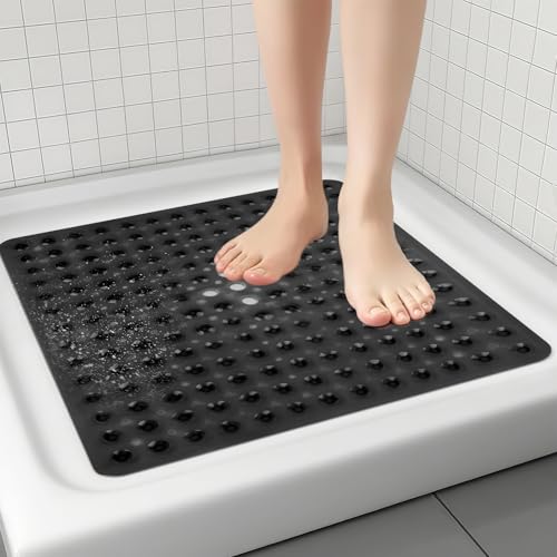 Cozary Non-Slip Shower Mat, 53 x 53 cm, Non-Slip Shower Mat with Suction Cups, Non-Slip Soft PVC Shower for Safety and Comfort, Anti-mould, Machine Washable – Black