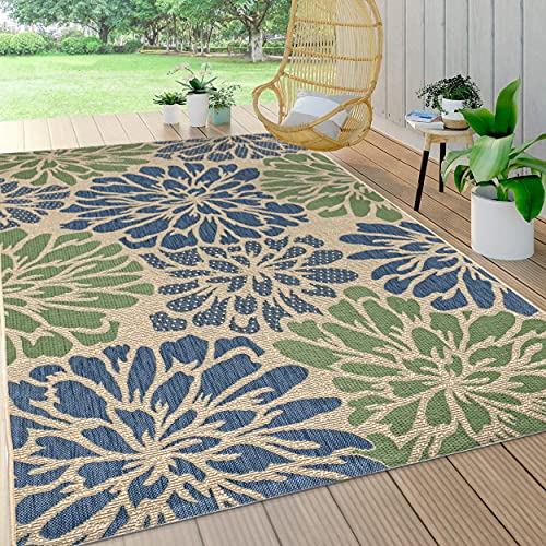 JONATHAN Y SMB110B-4 Zinnia Modern Floral Textured Weave Indoor Outdoor Area Rug, Bohemian, Coastal, Mediterranean Easy Cleaning, Non Shed, Navy/Green, 120 cm X 180 cm