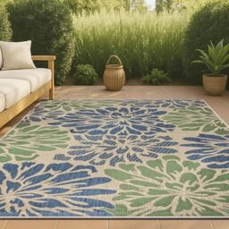 JONATHAN Y SMB110B-4 Zinnia Modern Floral Textured Weave Indoor Outdoor Area Rug, Bohemian, Coastal, Mediterranean Easy Cleaning, Non Shed, Navy/Green, 120 cm X 180 cm