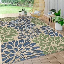JONATHAN Y SMB110B-4 Zinnia Modern Floral Textured Weave Indoor Outdoor Area Rug, Bohemian, Coastal, Mediterranean Easy Cleaning, Non Shed, Navy/Green, 120 cm X 180 cm