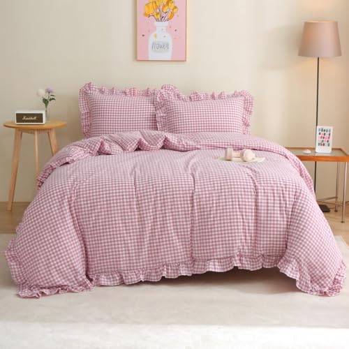 Silnuo Vintage Pink/White Gingham Plaid Ruffle Duvet Cover Set King Size - 100% Washed Cotton Shabby Checkered 3-Piece Bedding Set Farmhouse Comforter Cover Set