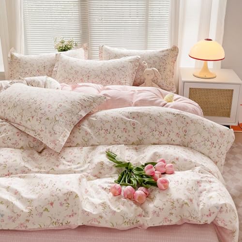 Bildenly Floral Duvet Cover Full Size 3 Pcs Reversible White Pink Botanical Flower Bedding Set with Zipper Closure Garden Spring Plants Printed Soft Microfiber Comforter Cover Set with 2 Pillowcases