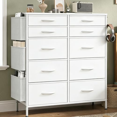 Feonase Chest of Drawers Bedroom, Tall Fabric Dresser with 10 Drawers, 3 Side Pockets & 2 Hooks, Metal Frame, Wood Top, Storage Organizer for Bedroom, Living Room, Hallway, Closet (White)