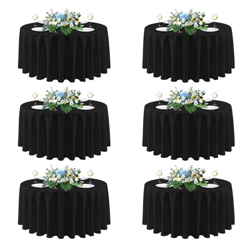 sancua 120 Inch Round Tablecloths Black (Fit 48-96 Inch Tables), 6 Pack - Circle Fabric Table Cloths for Wedding Party Reception Banquet Birthday, Washable Polyester Covers
