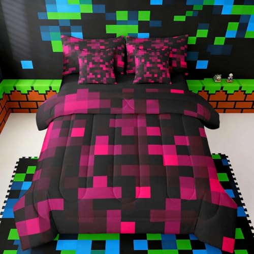 jejeloiu Pixelated Rose Pink Black Twin Size Comforter Set with Sheets???Pillowcases & Cushion Cover 7 Piece Bedding Set Super Soft Kids Girls Boys Bedroom Decor Gamepad Grid Bed in a Bag