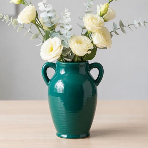 8 inch Ceramic Dark Green Vase - Modern Decorative Vases with 2 Handles, Centerpieces, Living Room, Dining Table, Fireplace Mantel, Console Decor, 8 Inch