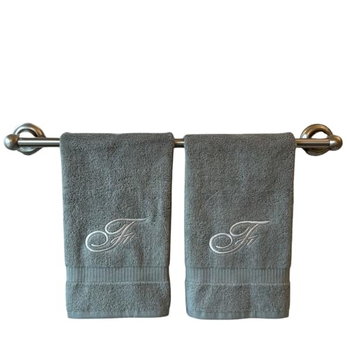 Decorvo Gray Monogrammed Hand Towels for Bathroom - Luxury Hotel Quality Personalized Initial Embroidered Towel for Powder Room, Spa - GOTS Organic Certified - Set of 2 Silver Letter F