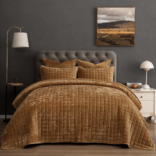 "PHF Luxurious Velvet Quilt Set Queen Size ??? 3PCS Super Soft Quilted Comforter Alternative with Square-Box Quilt Pattern, Warm Quilted Bedspread Coverlet, 90"" x 92"", Rusty Burnt Orange"