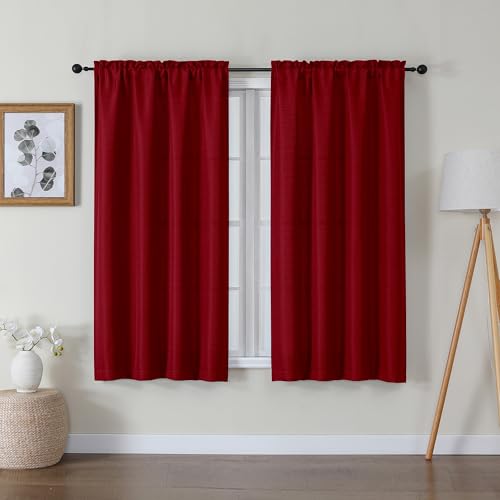 "Lecloud Bessie Red Curtains 54 Inch Length 2 Panels Set, Airy Faux Linen Textured Light-Filtering Christmas Soft Curtains, Rod Pocket Window Treatments for Bedroom Living Room, Each 30"" W x 54"" L"